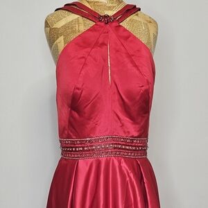 Rachel Allan Red Halter Ball Gown w/ Beaded Waist & Crisscross Back Sz 10